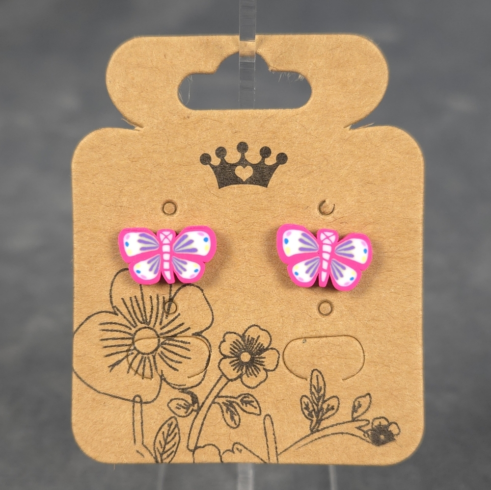 Pink Fimo Butterfly Stud Earring Stainless Steel Post Butterfly & Silicone Backs